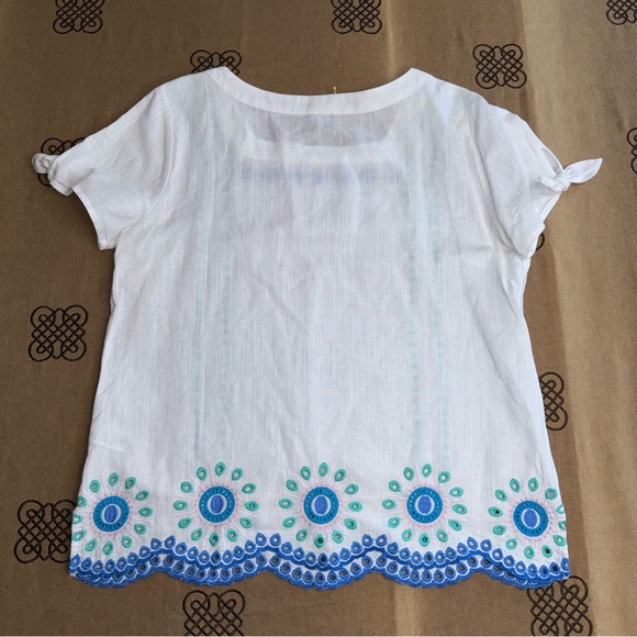 TALBOTS Linen Blend Embroidered Square Neck Top In White/Blue - Picture 11 of 16